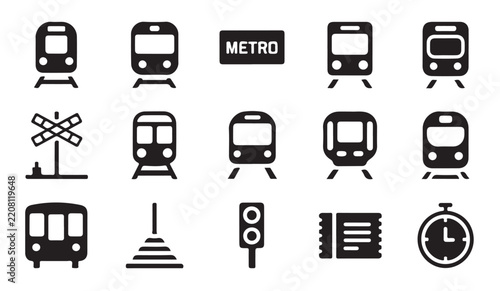 Train and metro transportation icons set featuring black silhouettes on transparent background for navigation map design.