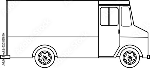 Side view line drawing of a box truck with line art, white background, Box truck technical drawing blueprint with CAD line art vector illustration, 