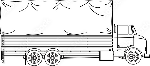 Side view line drawing of a box truck with line art, white background, Box truck technical drawing blueprint with CAD line art vector illustration, 