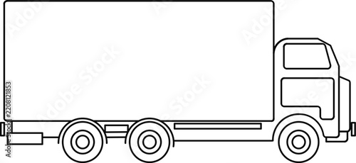Side view line drawing of a box truck with line art, white background, Box truck technical drawing blueprint with CAD line art vector illustration, 