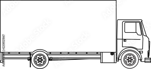 Side view line drawing of a box truck with line art, white background, Box truck technical drawing blueprint with CAD line art vector illustration, 