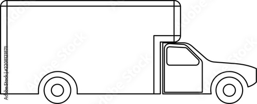 Side view line drawing of a box truck with line art, white background, Box truck technical drawing blueprint with CAD line art vector illustration, 