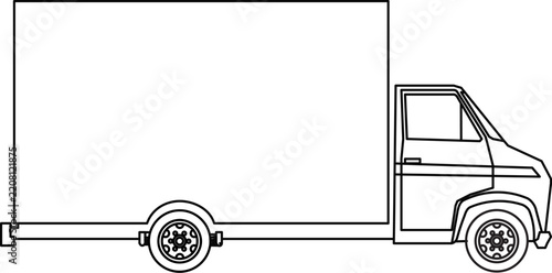 Side view line drawing of a box truck with line art, white background, Box truck technical drawing blueprint with CAD line art vector illustration, 