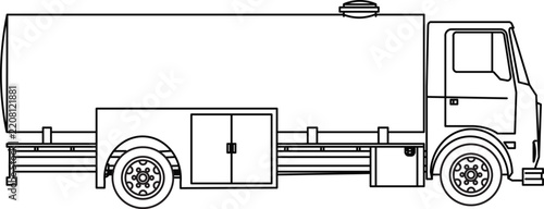 Side view line drawing of a box truck with line art, white background, Box truck technical drawing blueprint with CAD line art vector illustration, 