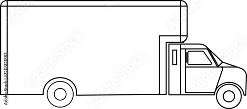 Side view line drawing of a box truck with line art, white background, Box truck technical drawing blueprint with CAD line art vector illustration, 