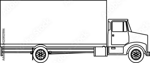 Side view line drawing of a box truck with line art, white background, Box truck technical drawing blueprint with CAD line art vector illustration, 