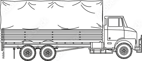 Side view line drawing of a box truck with line art, white background, Box truck technical drawing blueprint with CAD line art vector illustration, 