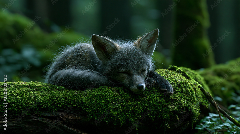 Fototapeta premium baby fox sleeping curled up in moss on a forest log, peaceful wildlife scene, cinematic detail, young fox resting in woodland