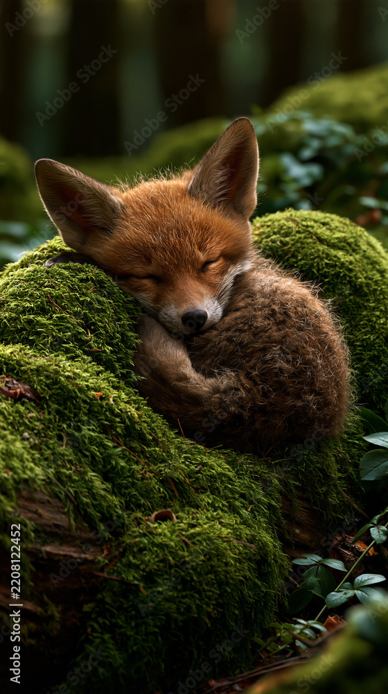 Obraz premium baby fox sleeping curled up in moss on a forest log, peaceful wildlife scene, cinematic detail, young fox resting in woodland