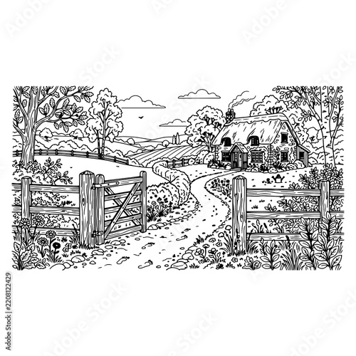 Rustic farmhouse with wooden gate and winding path in countryside
