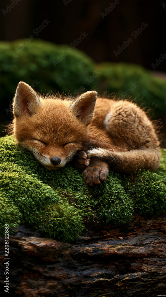 Obraz premium baby fox sleeping curled up in moss on a forest log, peaceful wildlife scene, cinematic detail, young fox resting in woodland