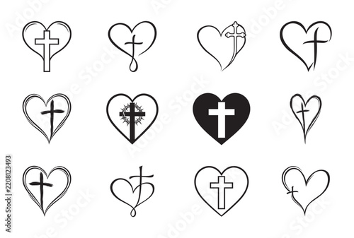 Christian Heart and Cross Faith Religious Symbol Vector Collection
