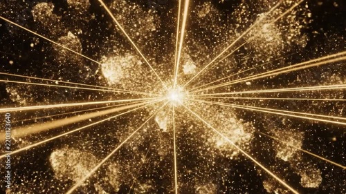 Radiant golden laser beams and particle explosions creating a dynamic technology visual effect