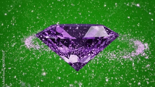 Purple diamond with sparkling particle effect and light flares on green screen background