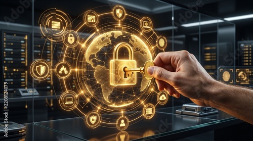 Human hand unlocking glowing golden padlock with key over world map symbolizing global cybersecurity and data privacy