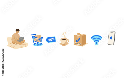 A man uses his laptop, symbolizing online shopping, connected with a shopping cart, discount tag, coffee, package, WiFi symbol, and smartphone notification.