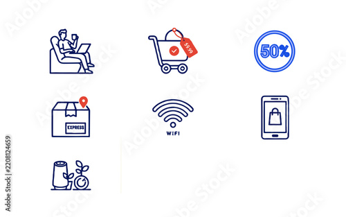 Set of online shopping icons, including a person on a laptop, shopping cart, discount, package delivery, Wi-Fi, mobile phone, and a seed to plant.