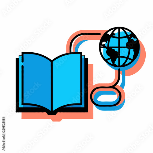 Open blue book with globe and abstract lines representing global education and knowledge