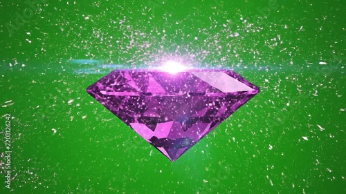 Radiant purple diamond with sparkling light effects and glowing particles on a green screen