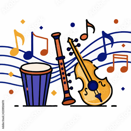 Musical instruments with drum, clarinet and violin surrounded by musical notes and staff lines