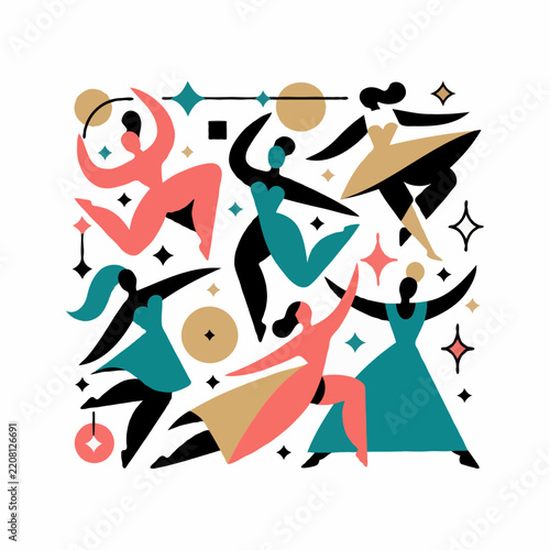 Abstract dancing figures in coral, teal and black with gold accents celebrating movement and joy