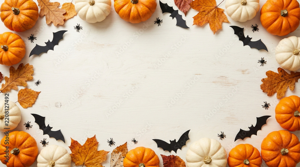 Obraz premium Halloween festive border of pumpkins, bats, leaves, and spiders on white background