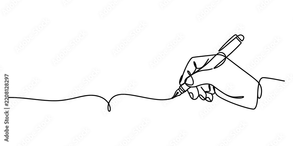 Obraz premium Continuous single line drawing of a hand holding a pen writing on paper