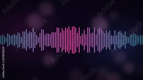 Digital audio waveform visualization with pink and blue gradient bars on a dark bokeh background