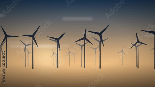 A vast wind farm with numerous turbines silhouetted against a gradient sky at sunset or sunrise, showcasing renewable energy generation