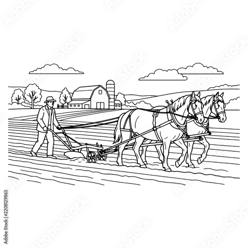 Farmer plowing field with two horses using traditional plow