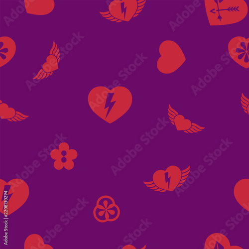 Purple and Red Heart Pattern Background. Perfect for Valentine's Day designs, wedding stationery, gift wrapping, textiles, wallpapers, greeting cards, and love-themed branding projects.