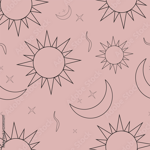 Celestial Sun and Moon Line Art Pattern Background. Perfect for wallpapers, textile prints, astrology branding, spiritual products, packaging, stationery, and surface pattern design.