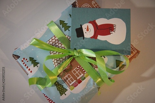 Christmas present, blue paper, snowman