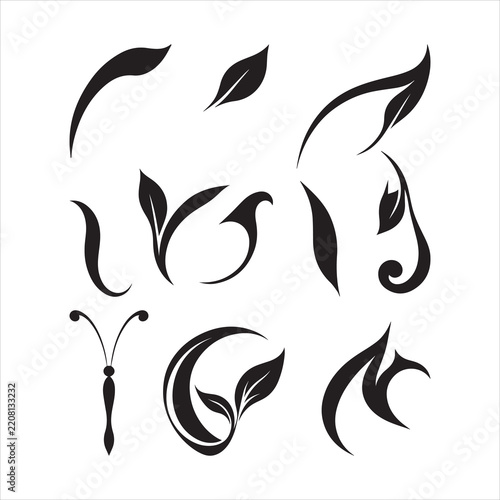 Elegant Black Botanical Leaf Flourish Collection with Minimalist Decorative Nature Elements