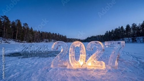 Ice sculpture numbers 2027 glowing on frozen lake with melting 2026 in snowy pine forest at twilight, winter new year photo for holiday greeting card, celebration banner and social media