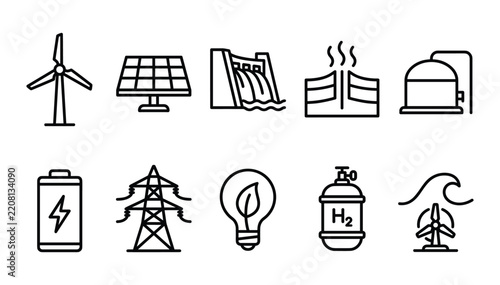 Obraz na plátně Minimalist black outline renewable energy and power generation icon set featurin