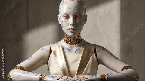 Artistic portrait of elegant humanoid female robot with detailed mechanical face and ornate golden jewelry, sitting in contemplative pose against soft textured background, representing futuristic fash