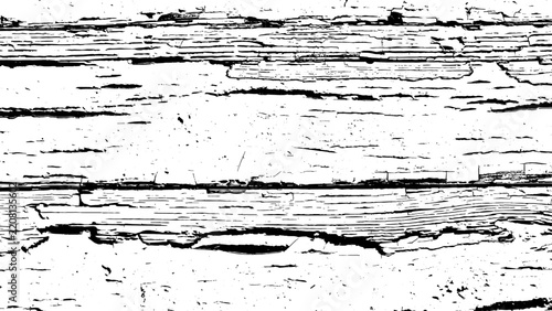 Black and white vector grunge texture background featuring horizontal weathered wooden planks, peeling paint flakes, aged timber grain, and rough erosion overlay.