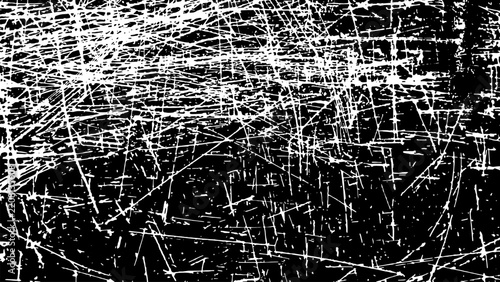 Black and white vector grunge texture background featuring dense chaotic scratches, heavy cut line mesh, distressed plastic score marks, and dark noise overlay.