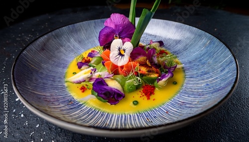 a colorful artistic gourmet dish featuring edible flowers fresh vegetables and creative sauce presentation on a speckled plate