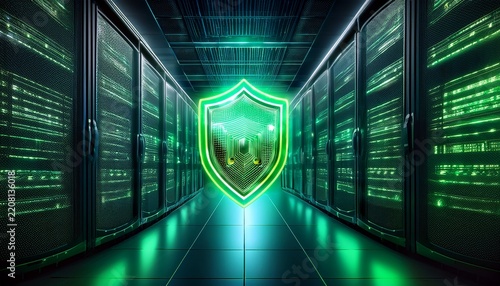a high tech server room with glowing green lights and a digital shield symbol representing cybersecurity and data protection