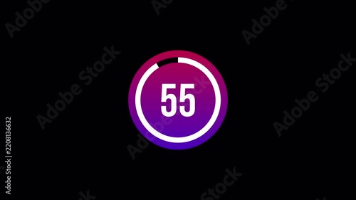  One minute countdown animation with alpha channel, 1 minute circle countdown timer from 60 to 0 second on transparent background, 60 seconds 4k countdown video