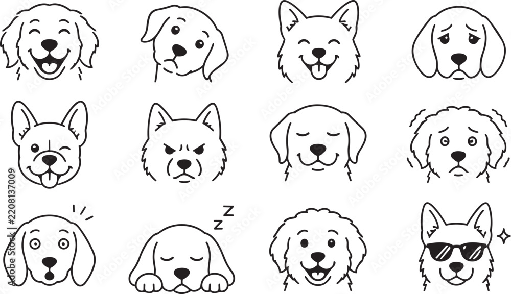 Fototapeta premium Dog head icons set showing various emotions and expressions