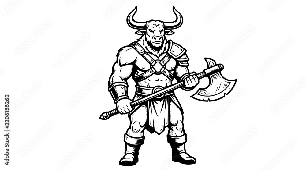 Fototapeta premium Black and white illustration of a powerful minotaur warrior holding a large double-bladed axe, depicted in a fantasy art style.