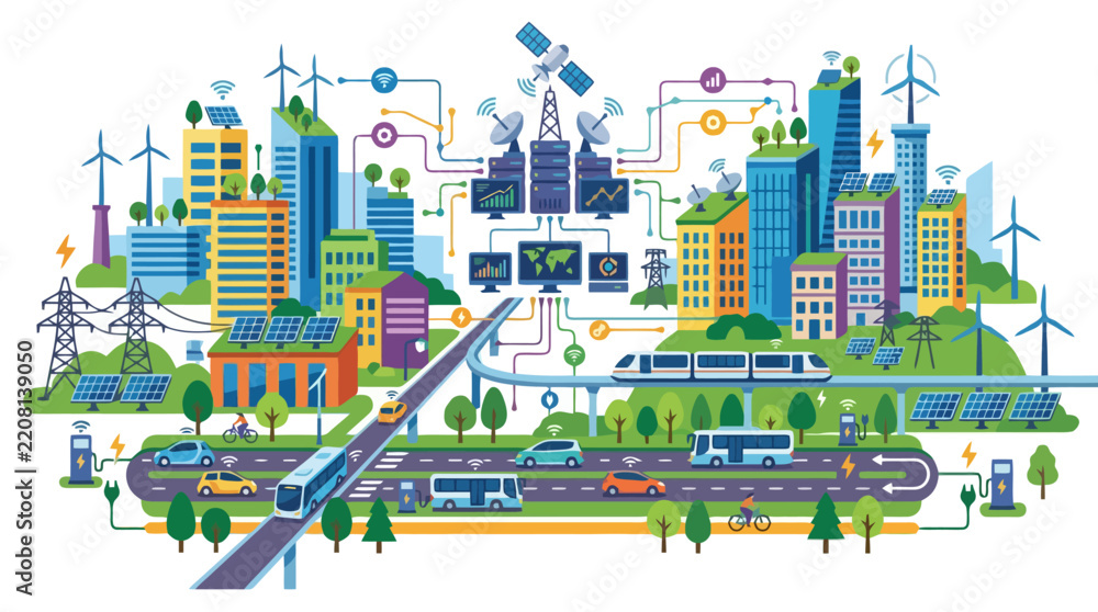 Obraz premium A vibrant illustration of a modern smart city infrastructure concept