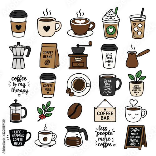 Coffee Lover Sticker Collection With Mugs, Takeaway Cups, Coffee Beans, Grinder, French Press, Espresso, Cappuccino, Cafe Signs And Cozy Hand Lettering Illustrations For Cafe Branding