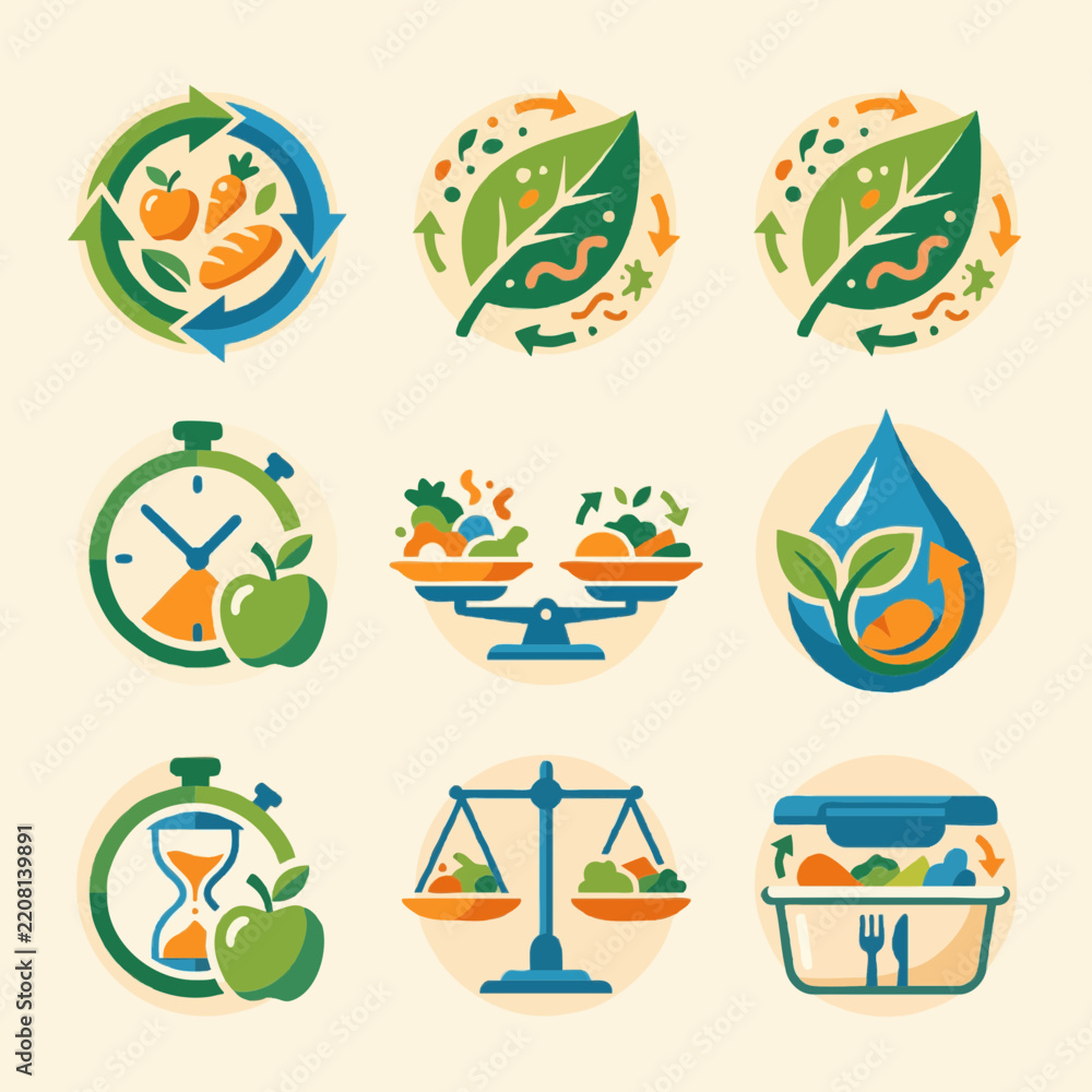Fototapeta premium Sustainable Food Consumption and Recycling Concept Icons Set
