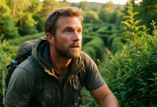Adventure and exploration, man hiking in nature with backpack looking for direction in a green hedge maze during summer travel and outdoor activity