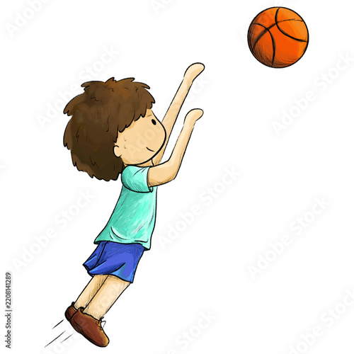 Boy jumping high and shooting basketball pencil cartoon illustration
