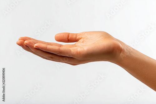 Close-up of an outstretched hand on a white background palm up with space for product presentation